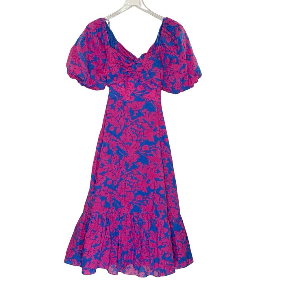 Free the Roses Floral Puff Sleeve Tie Back Maxi Dress S Fuchsia Blue Ruffle